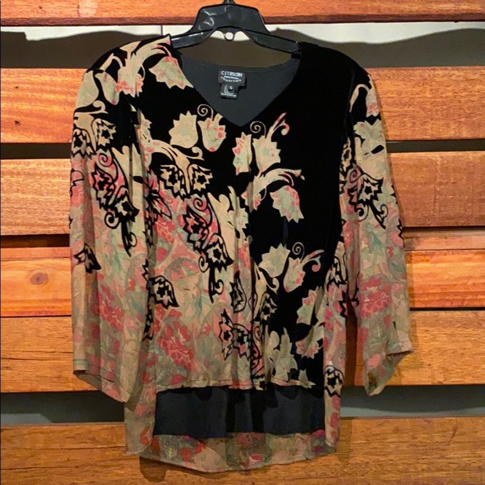 Citron Velvet Burnout Silk & Rayon 3/4 Sleeve Top